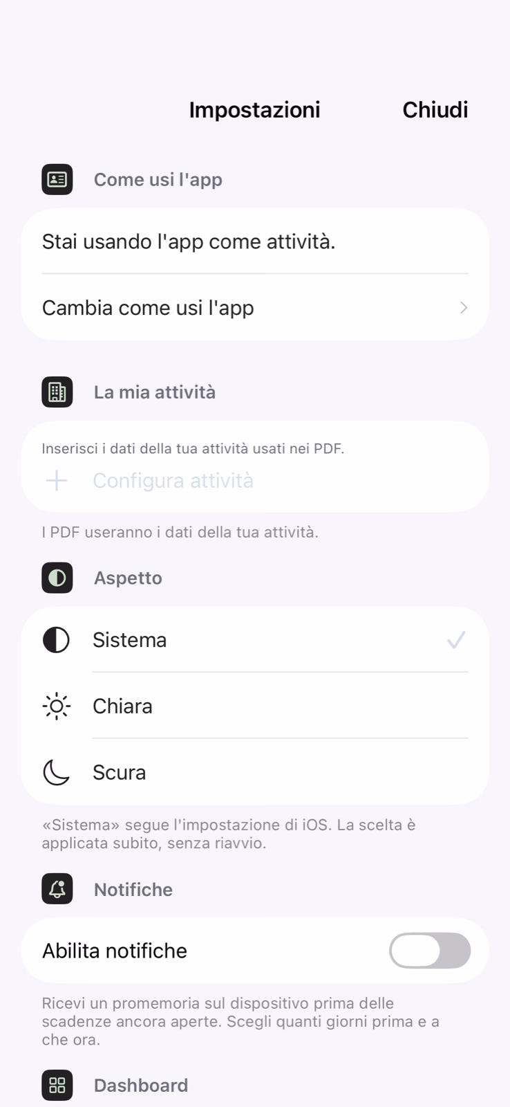 Impostazioni di Insoluti con i controlli per privacy, sicurezza e iCloud