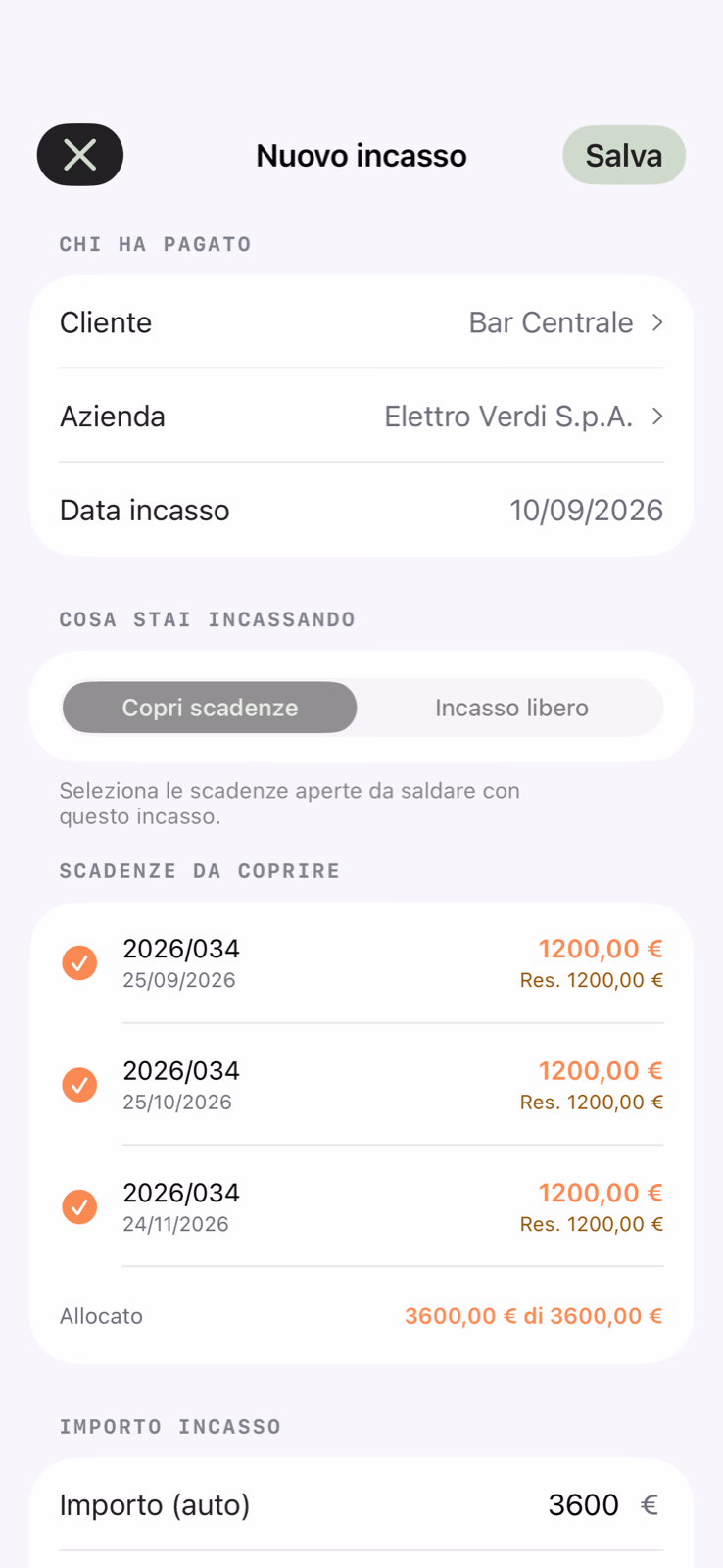 Registrazione di un incasso con più scadenze selezionate