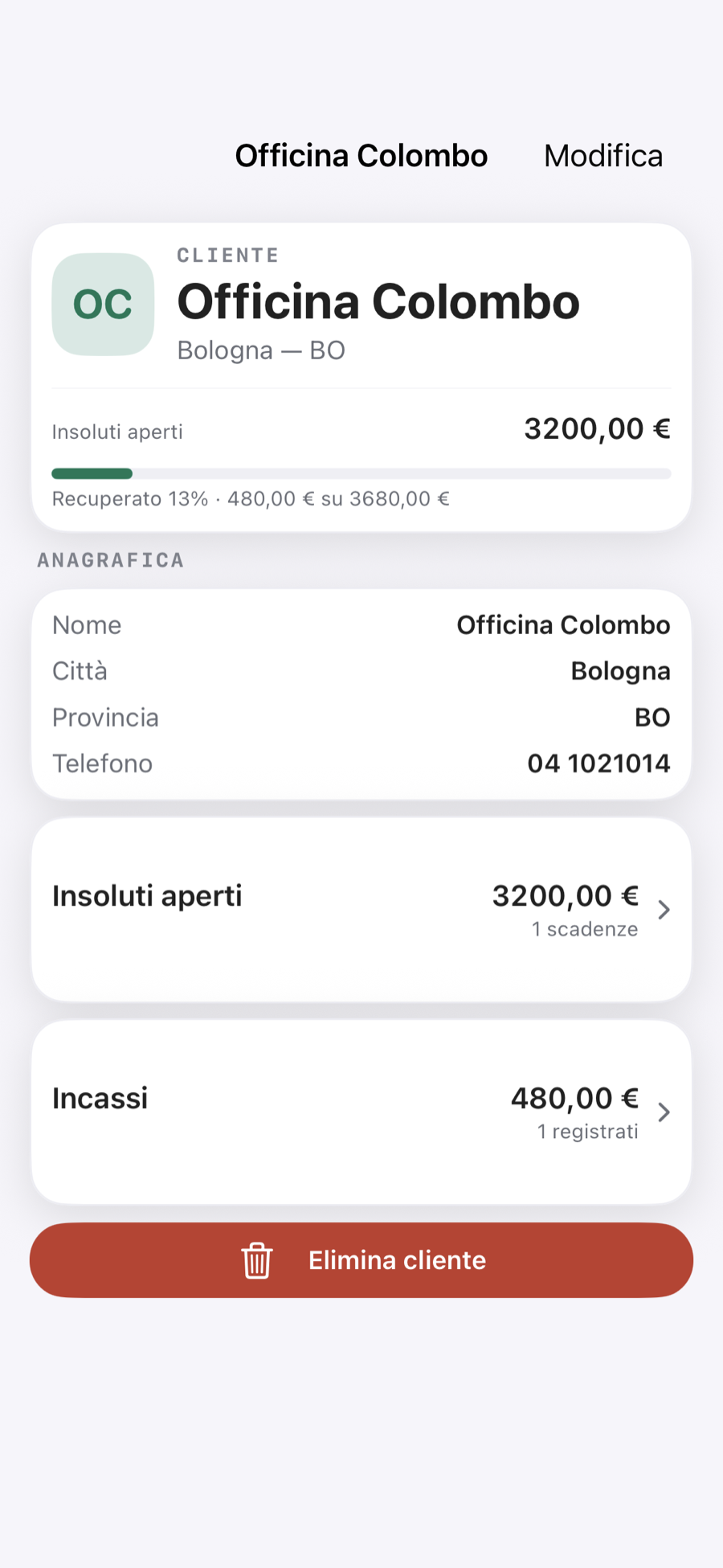 Scheda cliente con insoluti aperti e incassi registrati