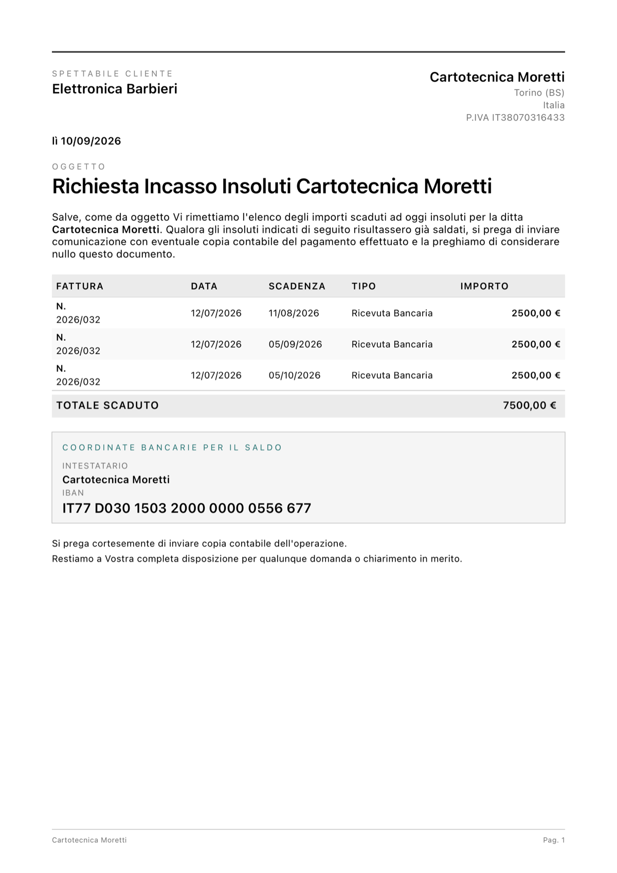 Richiesta di pagamento PDF generata da Insoluti
